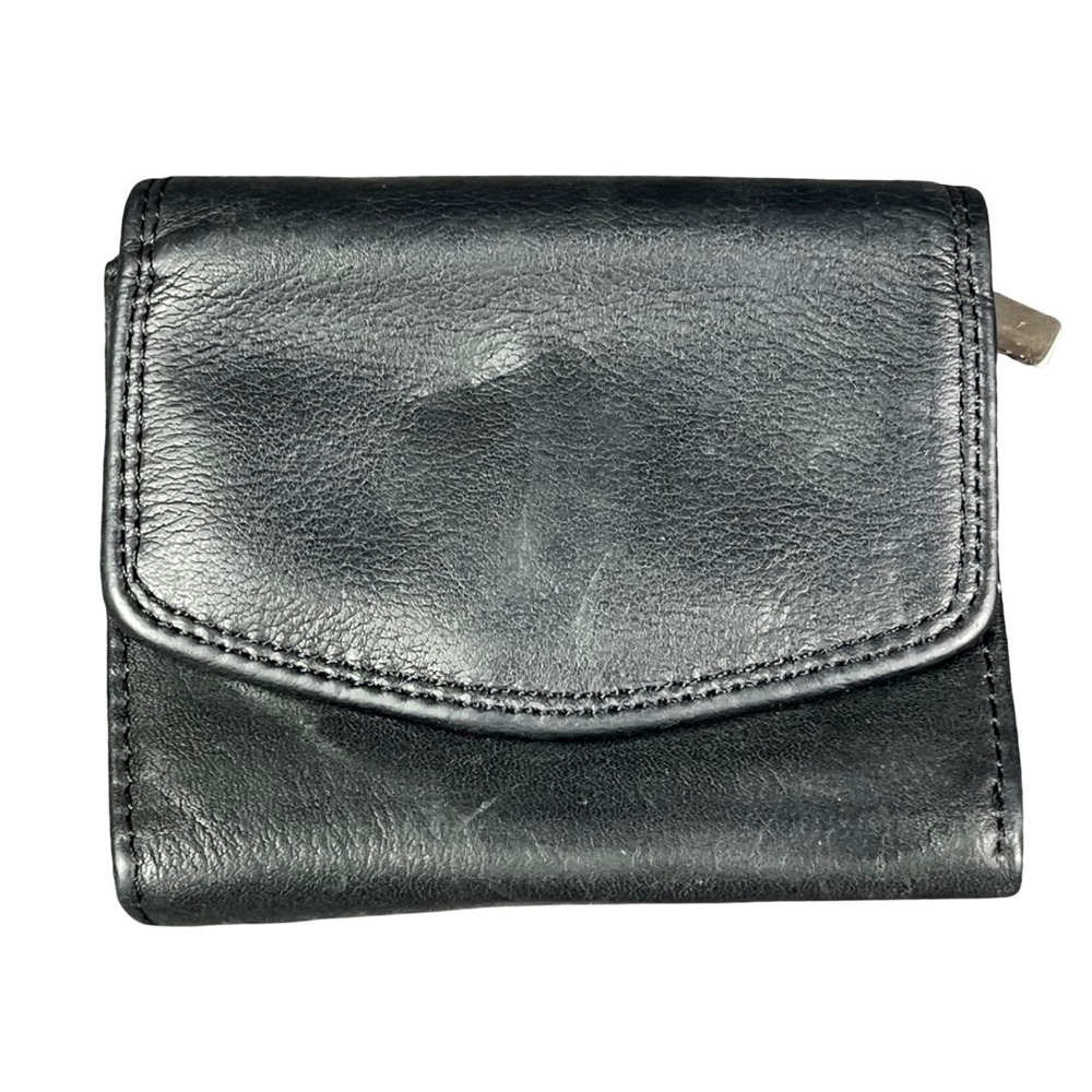 Black Genuine Leather Trifold Wallet with Zippered Coin Pocket and Snap Closure